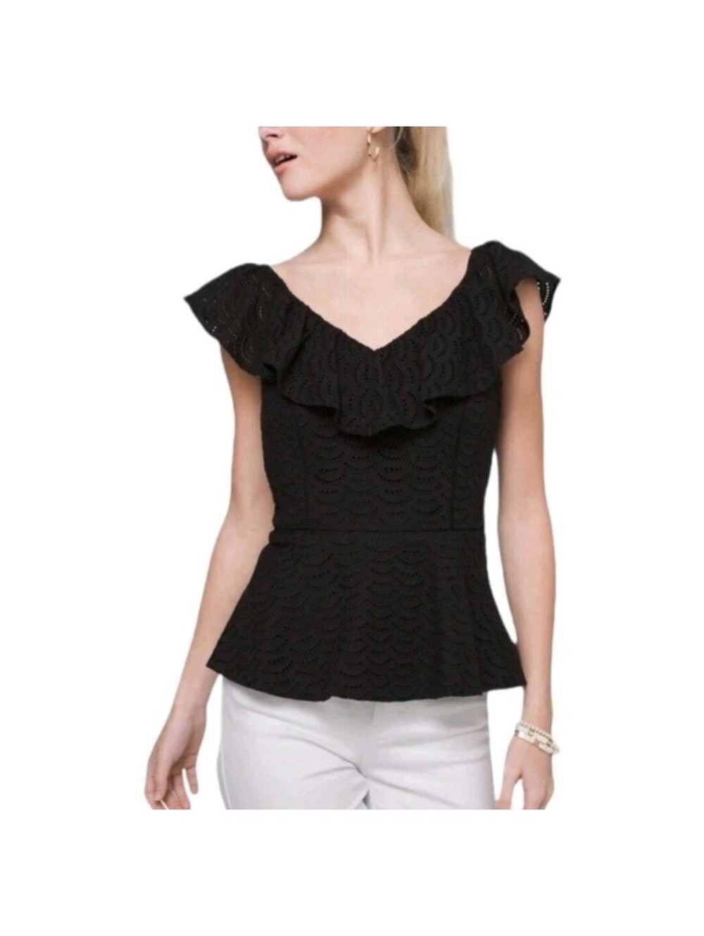 WHBM Peplum Top Eyelet Women's Sz 14 Ruffle Sleeve Black